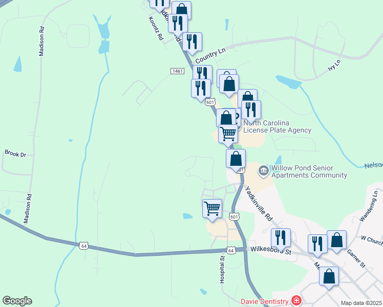 map of restaurants, bars, coffee shops, grocery stores, and more near 200 North Wentworth Drive in Mocksville