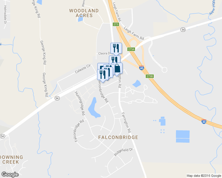 map of restaurants, bars, coffee shops, grocery stores, and more near 2230 Farmington Drive in Chapel Hill