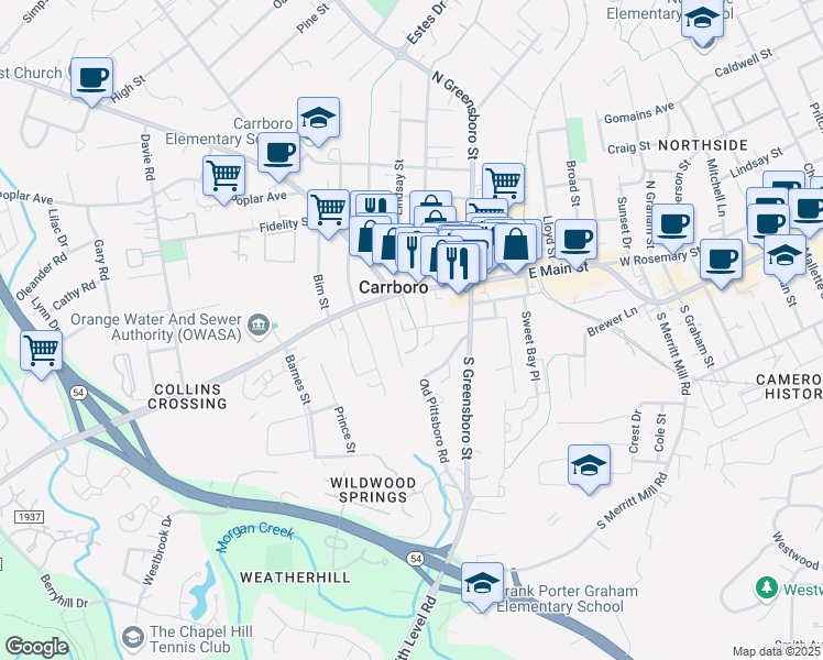 map of restaurants, bars, coffee shops, grocery stores, and more near 115 West Carr Street in Chapel Hill