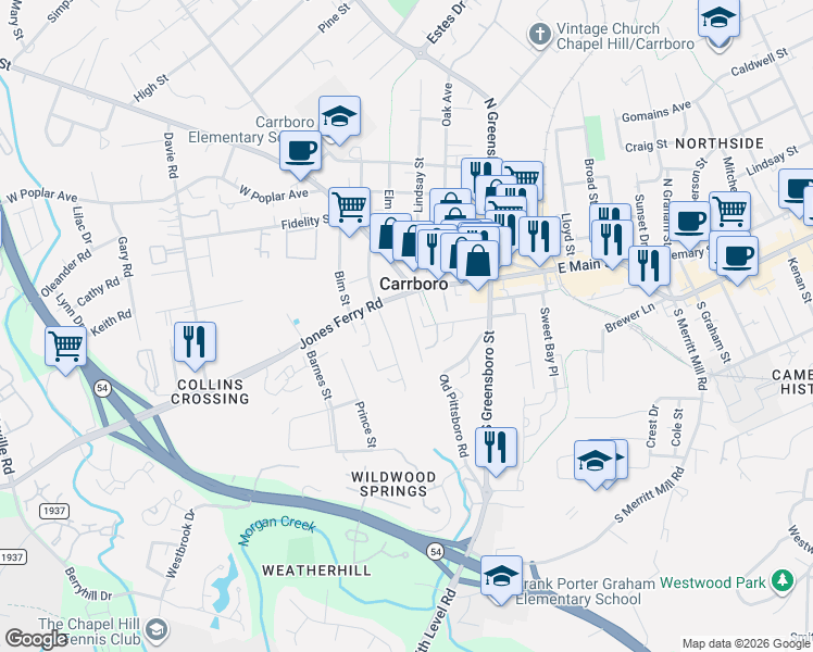 map of restaurants, bars, coffee shops, grocery stores, and more near 105 Jones Ferry Road in Carrboro