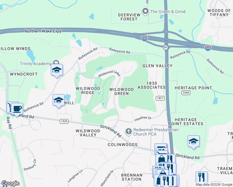 map of restaurants, bars, coffee shops, grocery stores, and more near 8820 Wildwood Links in Raleigh