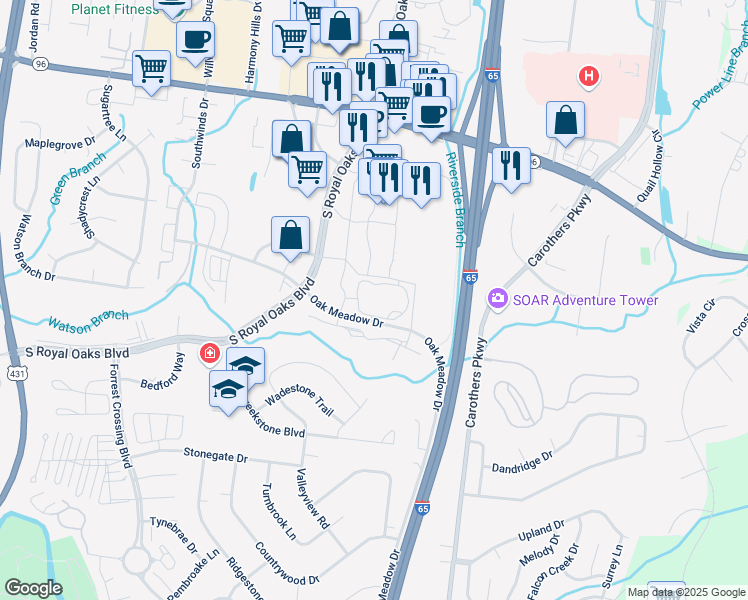 map of restaurants, bars, coffee shops, grocery stores, and more near 870 Oak Meadow Drive in Franklin