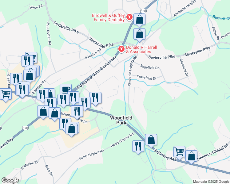 map of restaurants, bars, coffee shops, grocery stores, and more near 500 Karla Drive in Knoxville
