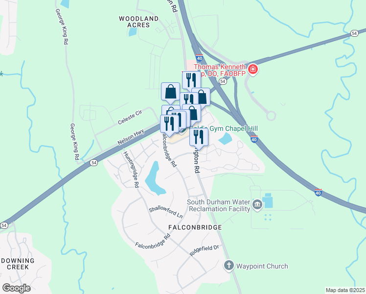 map of restaurants, bars, coffee shops, grocery stores, and more near 2220 Farmington Drive in Chapel Hill