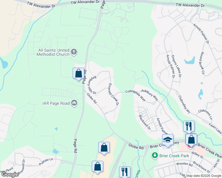 map of restaurants, bars, coffee shops, grocery stores, and more near 11232 Emerald Creek Drive in Raleigh