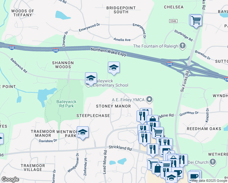 map of restaurants, bars, coffee shops, grocery stores, and more near 9321 Baileywick Road in Raleigh