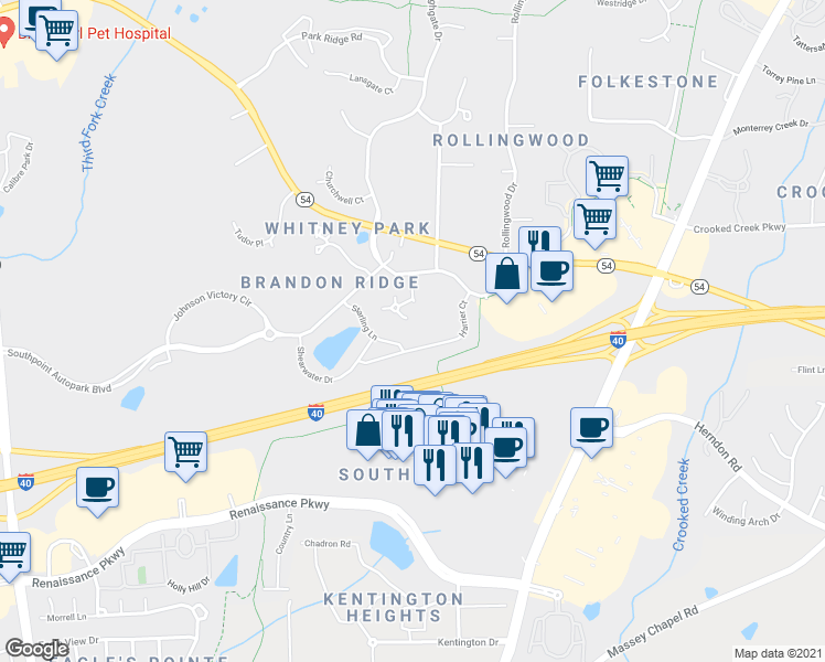 map of restaurants, bars, coffee shops, grocery stores, and more near 1401 Harrier Court in Durham