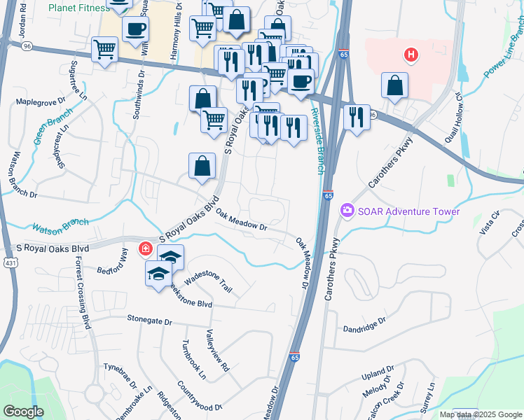 map of restaurants, bars, coffee shops, grocery stores, and more near 870 Oak Meadow Drive in Franklin