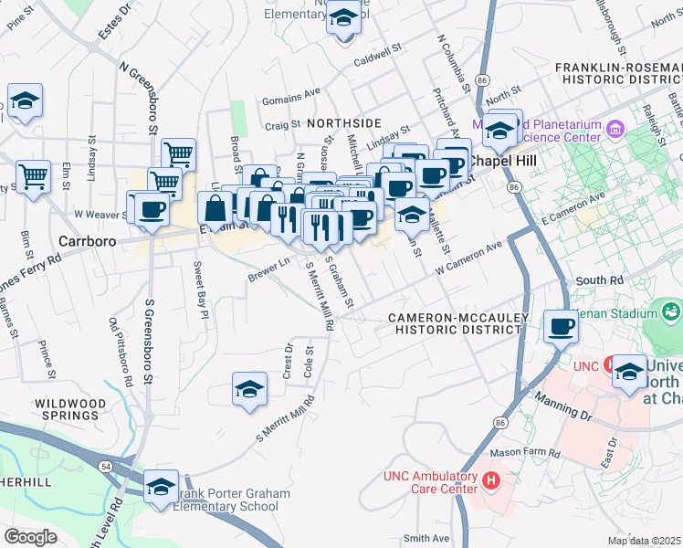 map of restaurants, bars, coffee shops, grocery stores, and more near 113 South Graham Street in Chapel Hill