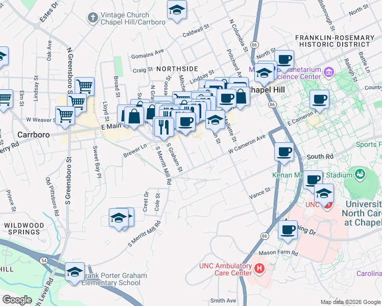 map of restaurants, bars, coffee shops, grocery stores, and more near 121 South Roberson Street in Chapel Hill