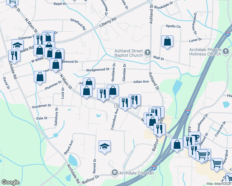 map of restaurants, bars, coffee shops, grocery stores, and more near 320 Hazel Avenue in Archdale