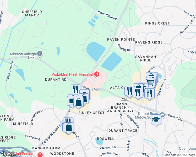 map of restaurants, bars, coffee shops, grocery stores, and more near 10000 Falls of Neuse Road in Raleigh