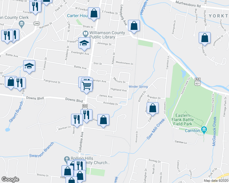 map of restaurants, bars, coffee shops, grocery stores, and more near 308 Highland Avenue in Franklin