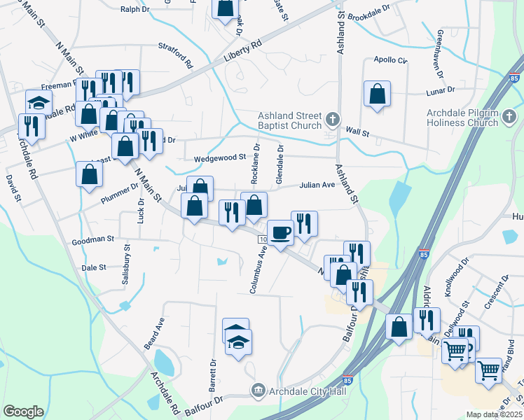 map of restaurants, bars, coffee shops, grocery stores, and more near 320 Hazel Avenue in Archdale