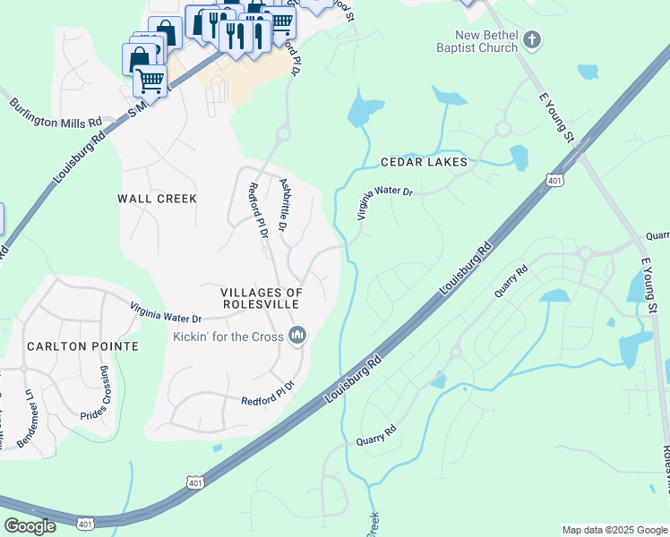 map of restaurants, bars, coffee shops, grocery stores, and more near 615 Upwey Court in Rolesville