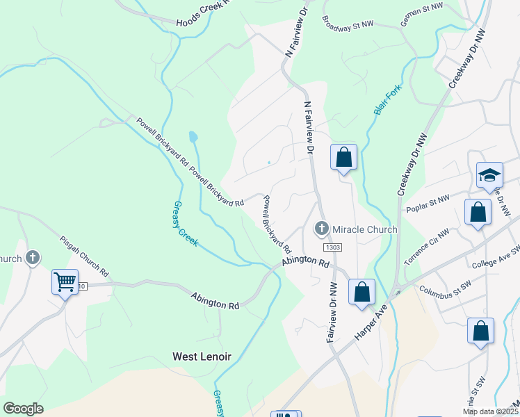 map of restaurants, bars, coffee shops, grocery stores, and more near 2199 Powell Brickyard Road in Lenoir