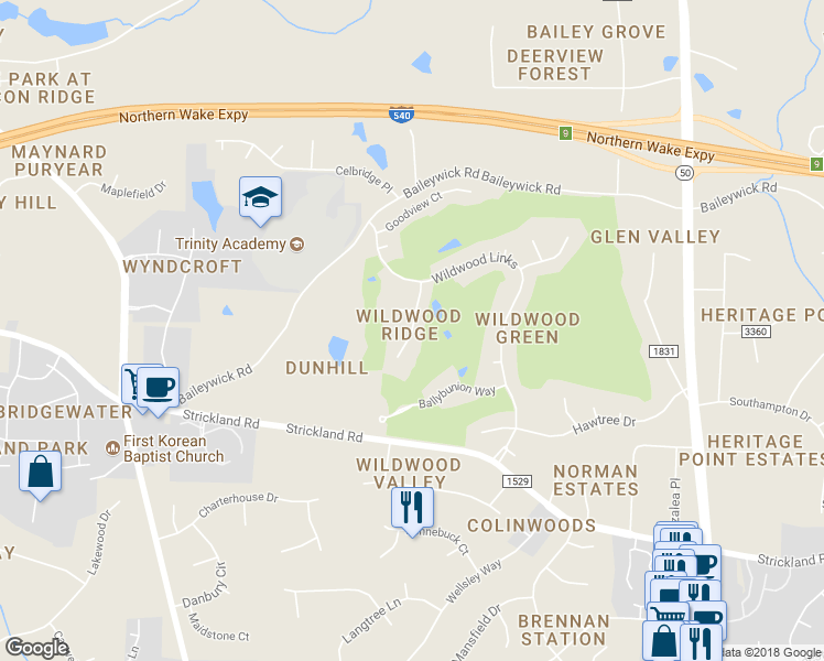 map of restaurants, bars, coffee shops, grocery stores, and more near 2960 Tillinghast Trail in Raleigh