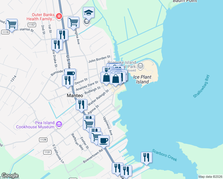 map of restaurants, bars, coffee shops, grocery stores, and more near 206b Sir Walter Raleigh Street in Manteo