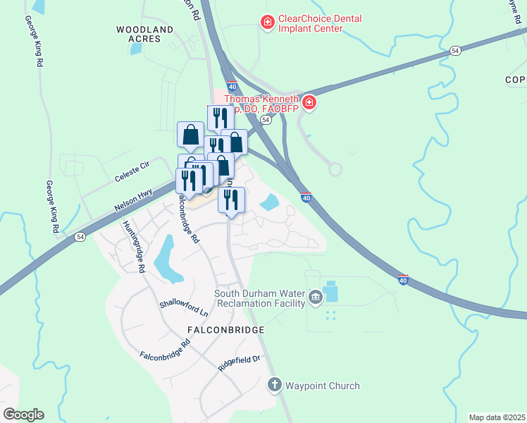 map of restaurants, bars, coffee shops, grocery stores, and more near 6123 Farrington Road in Chapel Hill