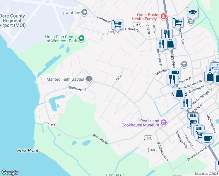 map of restaurants, bars, coffee shops, grocery stores, and more near 998 Burnside Road in Manteo