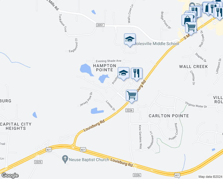 map of restaurants, bars, coffee shops, grocery stores, and more near 121 Hampton Lake Drive in Rolesville