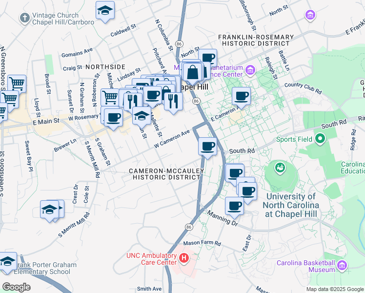map of restaurants, bars, coffee shops, grocery stores, and more near 301 West Cameron Avenue in Chapel Hill