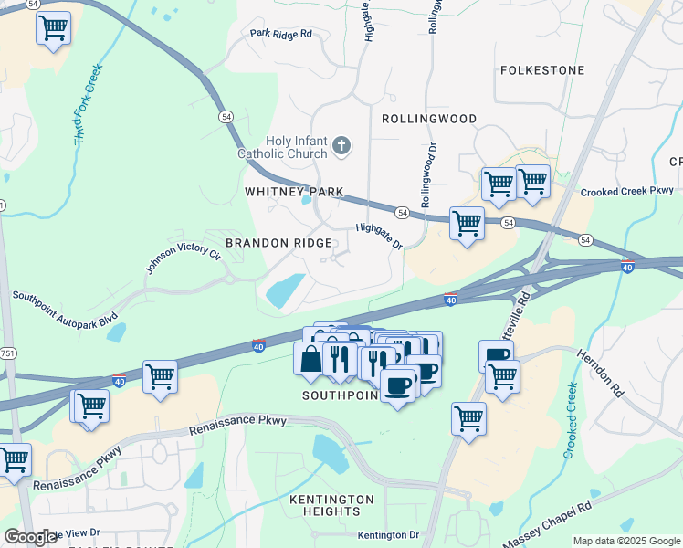 map of restaurants, bars, coffee shops, grocery stores, and more near 1401 Harrier Court in Durham