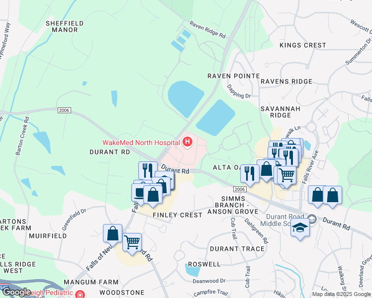 map of restaurants, bars, coffee shops, grocery stores, and more near 10000 Falls of Neuse Road in Raleigh