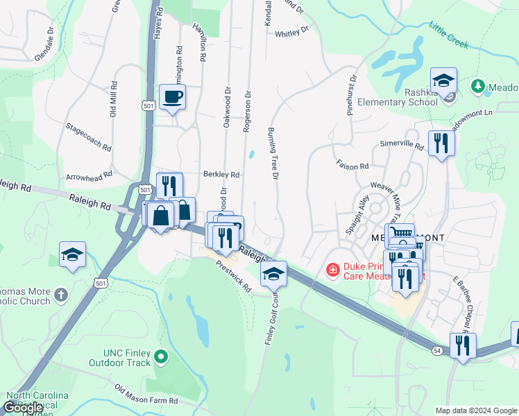 map of restaurants, bars, coffee shops, grocery stores, and more near 1206 Oak Tree Drive in Chapel Hill