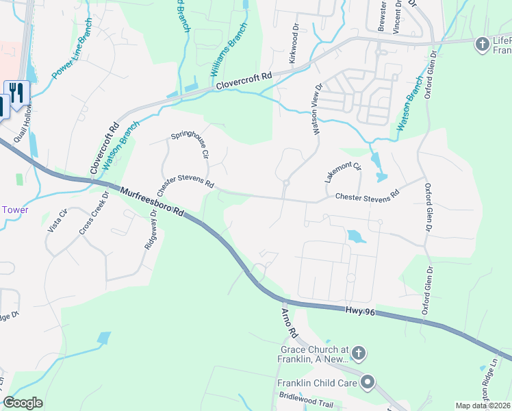 map of restaurants, bars, coffee shops, grocery stores, and more near 160 Chester Stevens Road in Franklin