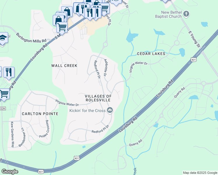 map of restaurants, bars, coffee shops, grocery stores, and more near 614 Long Melford Drive in Rolesville