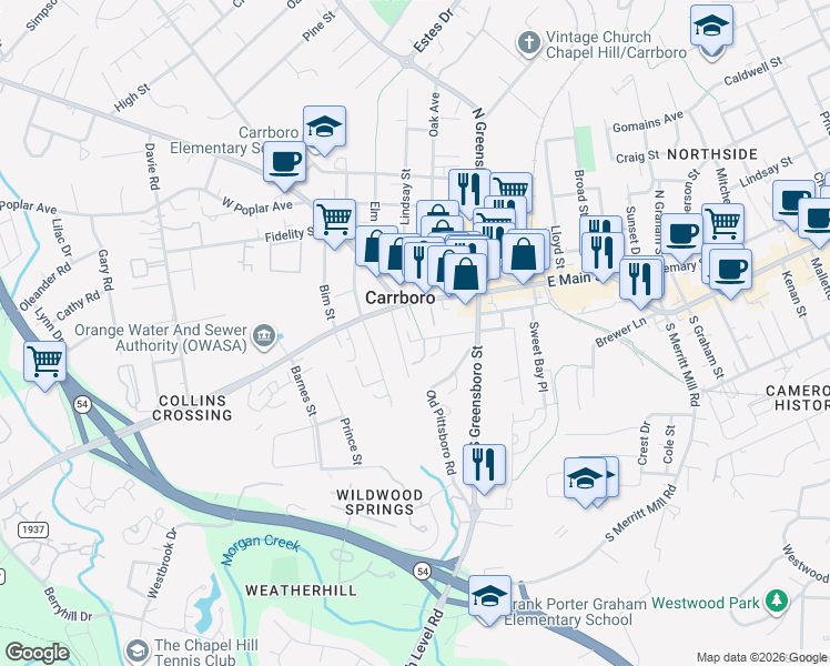 map of restaurants, bars, coffee shops, grocery stores, and more near 115 West Carr Street in Chapel Hill
