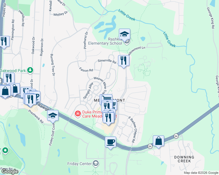 map of restaurants, bars, coffee shops, grocery stores, and more near 208 Weaver Mine Trail in Chapel Hill