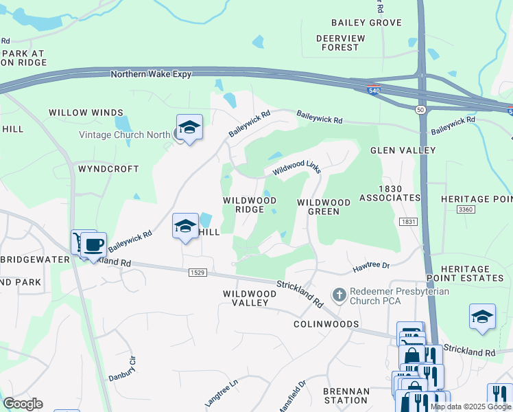 map of restaurants, bars, coffee shops, grocery stores, and more near 2957 Tillinghast Trail in Raleigh