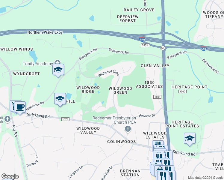 map of restaurants, bars, coffee shops, grocery stores, and more near 8829 Wildwood Links in Raleigh