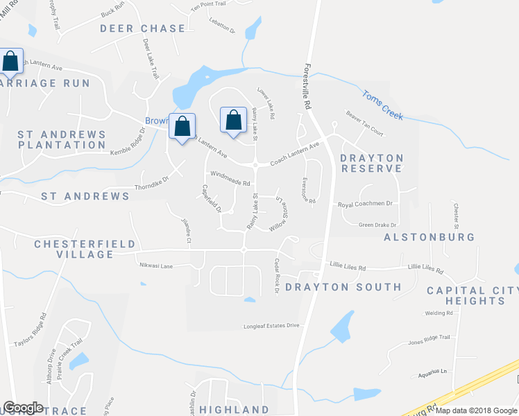 map of restaurants, bars, coffee shops, grocery stores, and more near 2345 Rainy Lake Street in Wake Forest