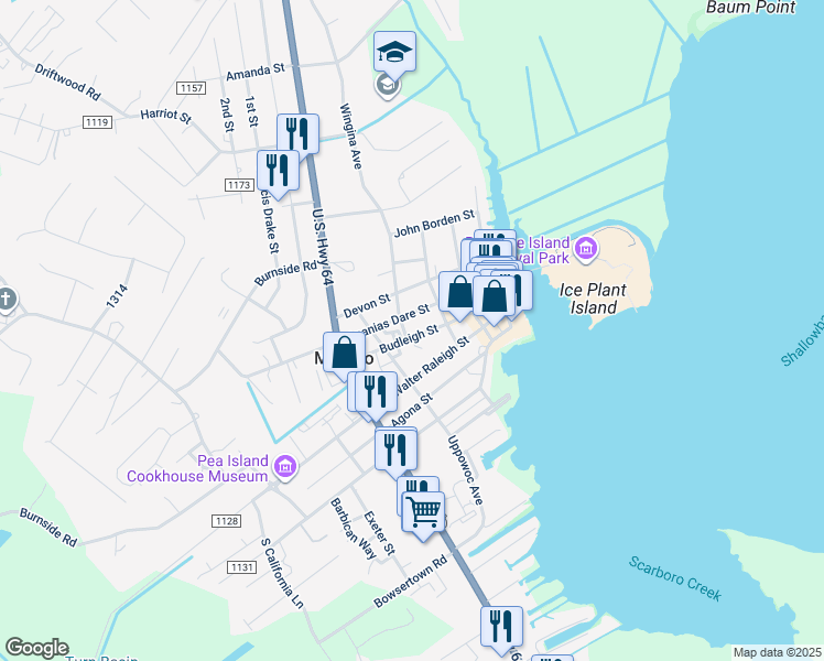 map of restaurants, bars, coffee shops, grocery stores, and more near 402 Budleigh St in Manteo