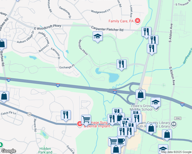 map of restaurants, bars, coffee shops, grocery stores, and more near 2531 Meridian Parkway in Durham
