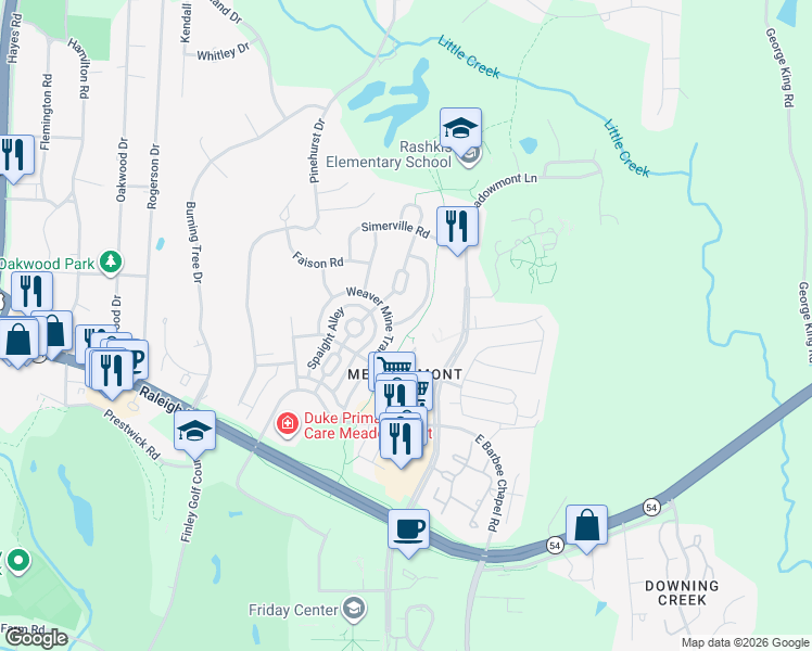 map of restaurants, bars, coffee shops, grocery stores, and more near 208 Weaver Mine Trail in Chapel Hill