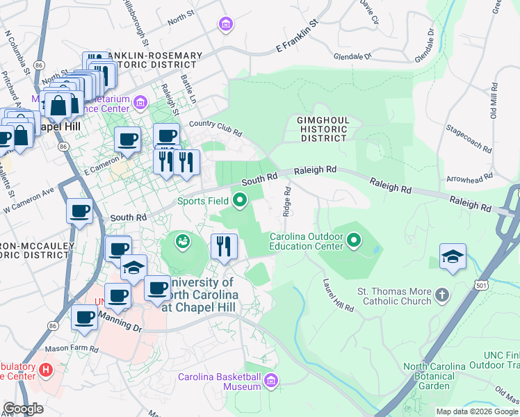map of restaurants, bars, coffee shops, grocery stores, and more near 160 Ridge Road in Chapel Hill