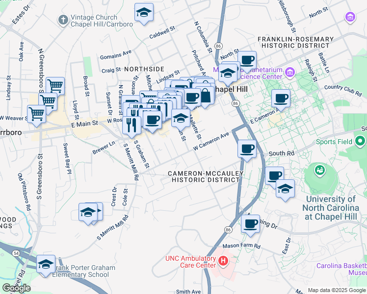 map of restaurants, bars, coffee shops, grocery stores, and more near 428 West Cameron Avenue in Chapel Hill