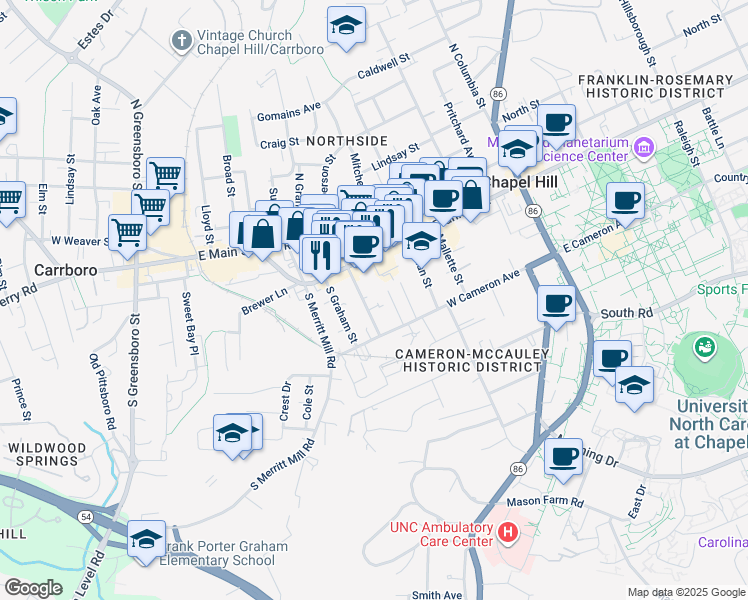 map of restaurants, bars, coffee shops, grocery stores, and more near 129 South Roberson Street in Chapel Hill