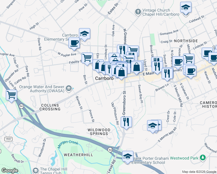 map of restaurants, bars, coffee shops, grocery stores, and more near 115 West Carr Street in Chapel Hill