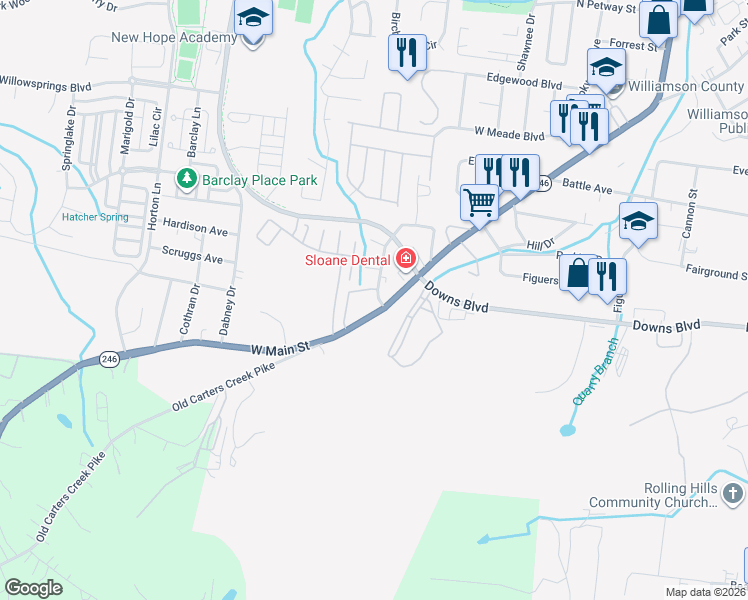 map of restaurants, bars, coffee shops, grocery stores, and more near 1704 West Main Street in Franklin