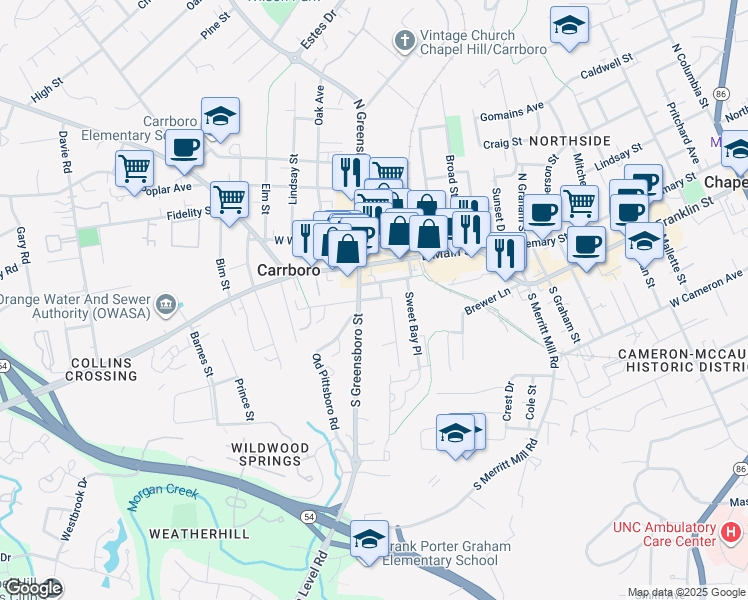 map of restaurants, bars, coffee shops, grocery stores, and more near 104 East Carr Street in Carrboro