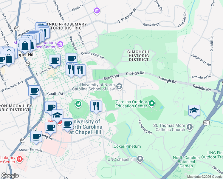 map of restaurants, bars, coffee shops, grocery stores, and more near 100 Ridge Road in Chapel Hill