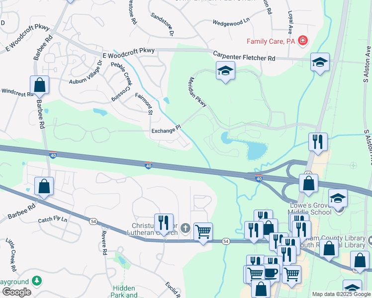 map of restaurants, bars, coffee shops, grocery stores, and more near 1032 Urbane Court in Durham