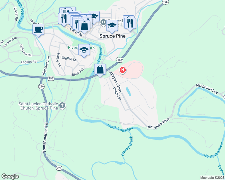 map of restaurants, bars, coffee shops, grocery stores, and more near 112 Feldspar Street in Spruce Pine