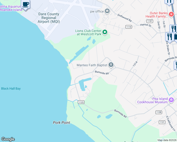map of restaurants, bars, coffee shops, grocery stores, and more near 1096 Burnside Road in Manteo