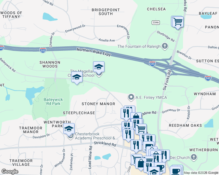 map of restaurants, bars, coffee shops, grocery stores, and more near 9300 Baileywick Road in Raleigh